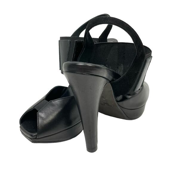 Dana Davis | Annie Black Leather Slingback Peep Toe Tall Heel Platform Sandals - Picture 5 of 9